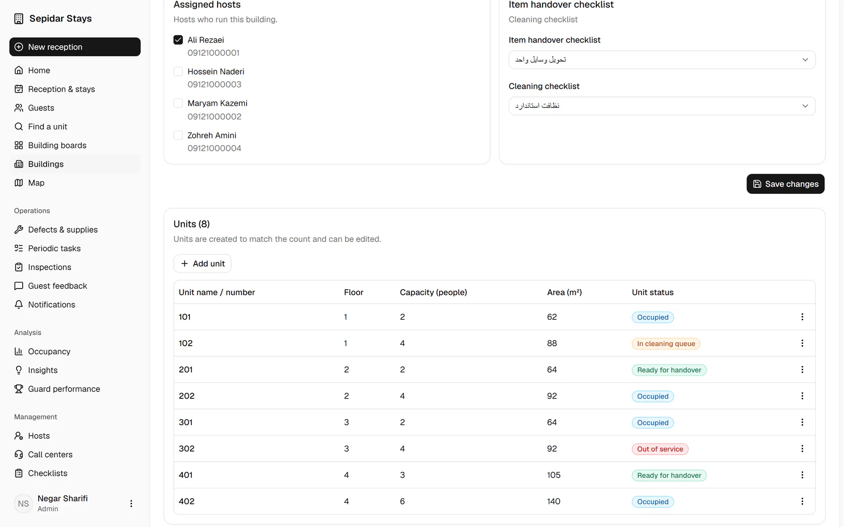 Below the building details is the units table with each status; click Add unit for a new one.