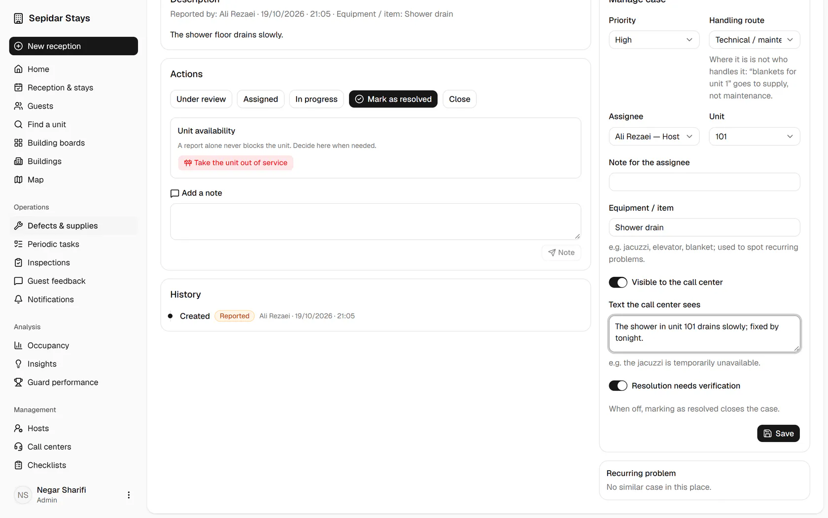 Click Save to store the changes and send the case to its owner.