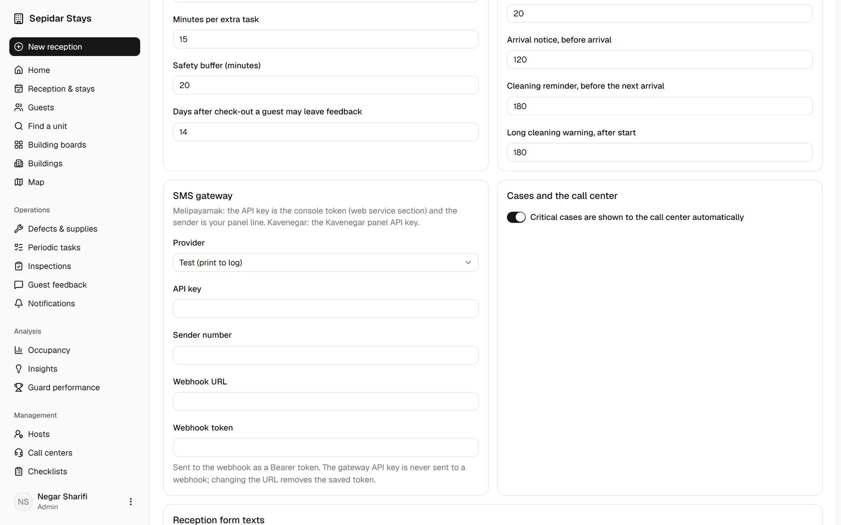 Choose the SMS gateway; in test mode the messages are only written to the log.