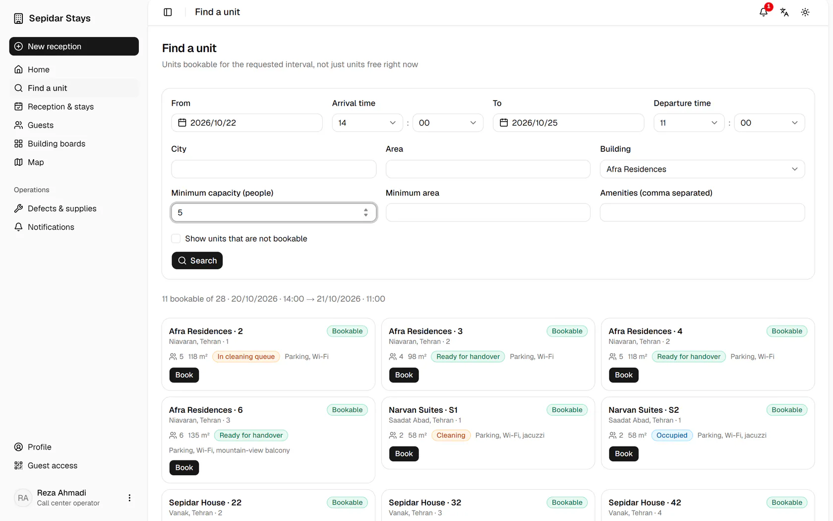 Search to see the units that are bookable for the whole interval.