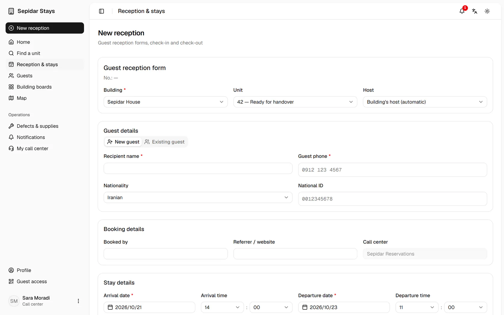 The booking form opens with the building, unit and dates already filled in.