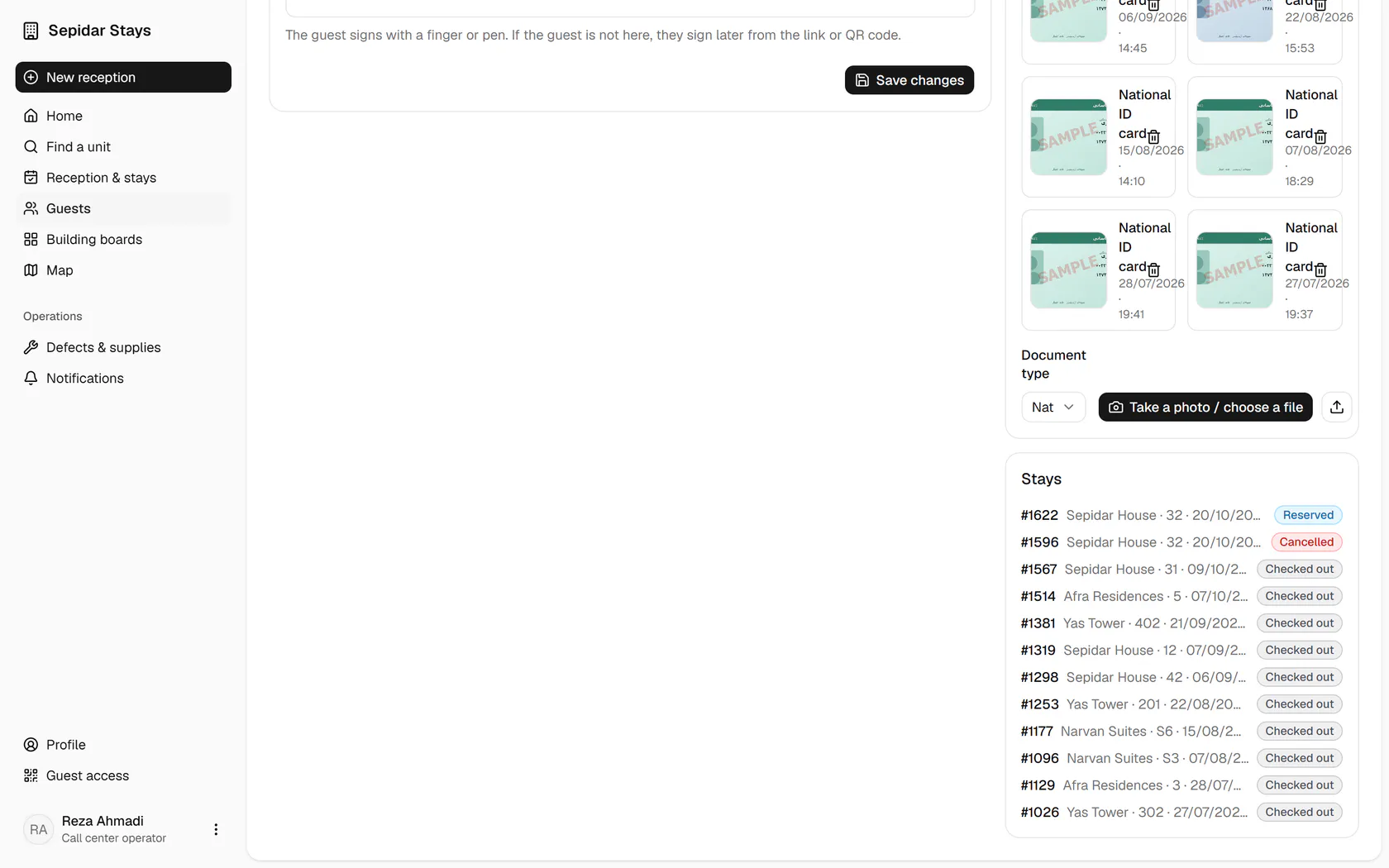 The profile lists the guest's documents and every stay with its status.