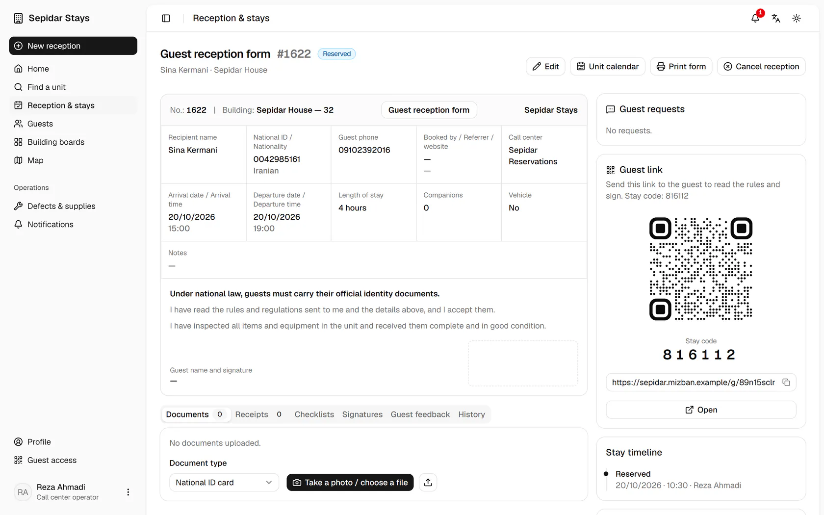 That stay's booking form opens with the guest link and the stay timeline.