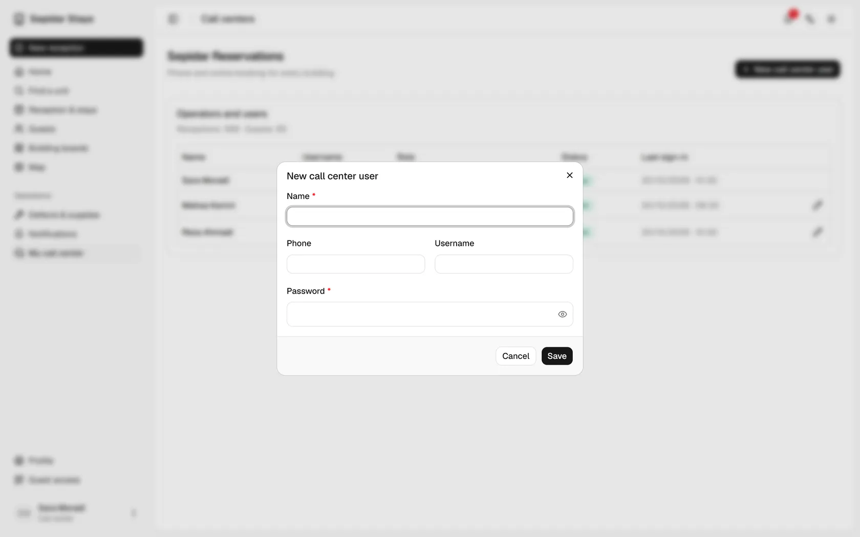 Enter the colleague's name, then the phone, username and a first password.