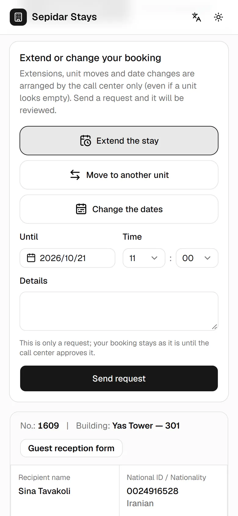 He taps the current check-out date to open the calendar.