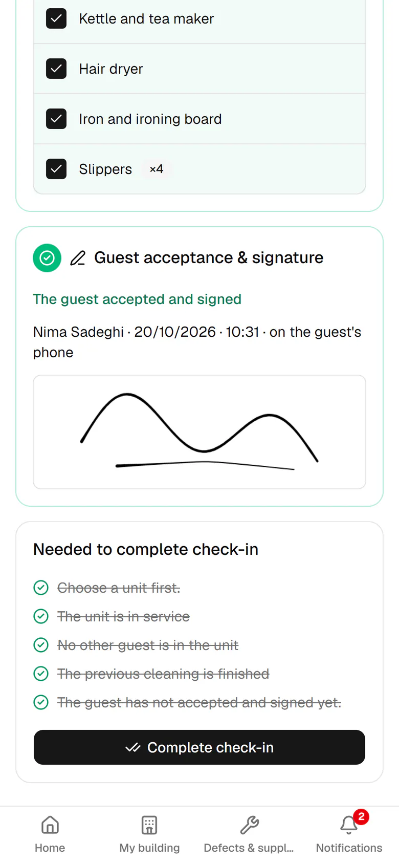 All requirements are met. Tap Complete check-in.