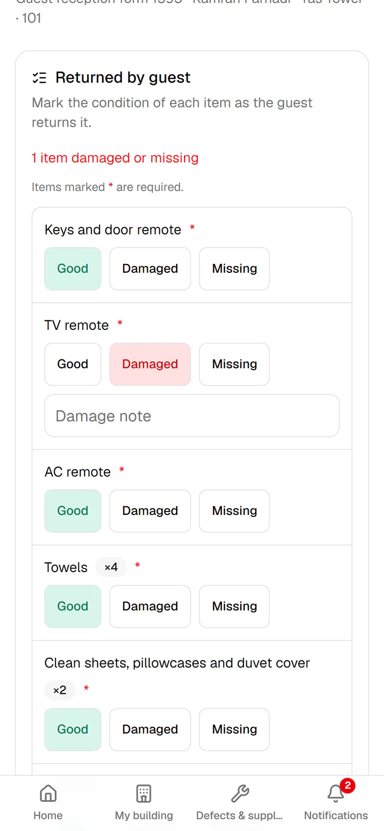 Write one line about the damage so management can follow it up.