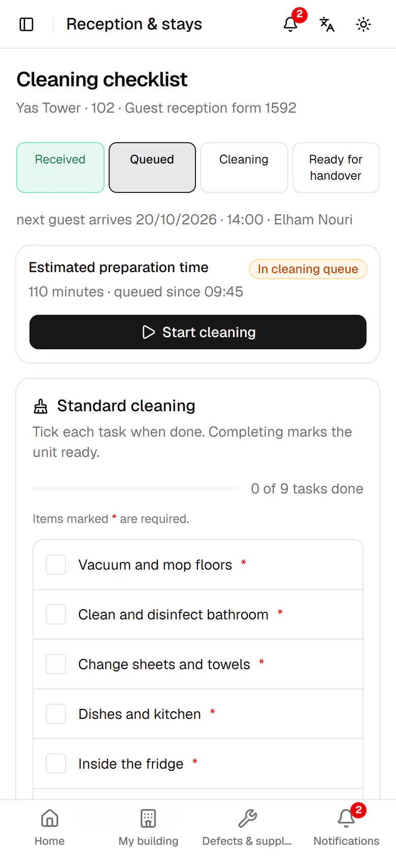 Here you see the estimated preparation time and when the unit joined the queue.