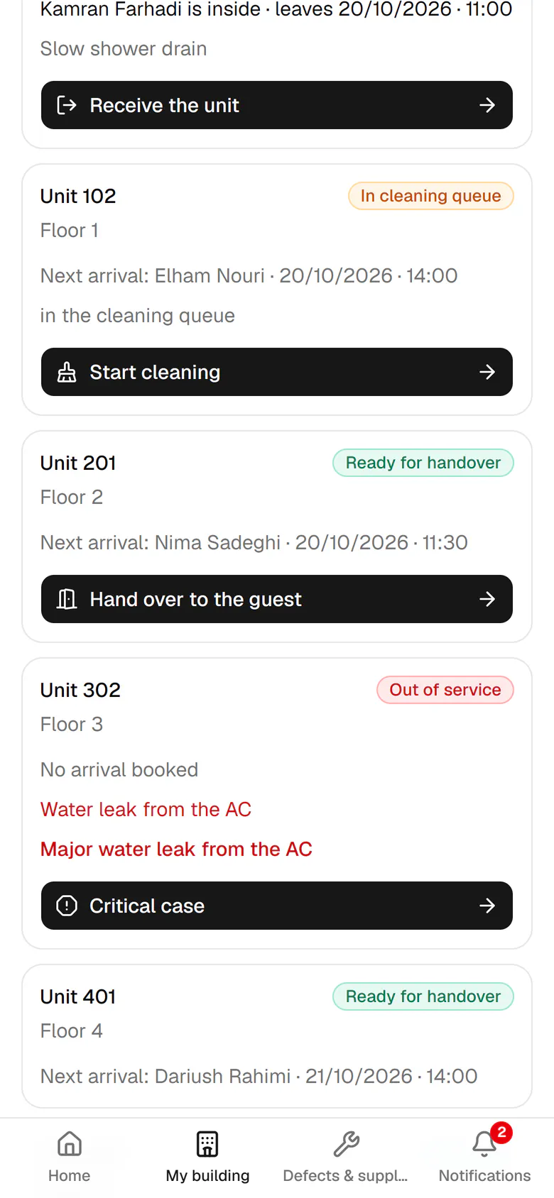 The button on each card is the next step. Tap Hand over to the guest.