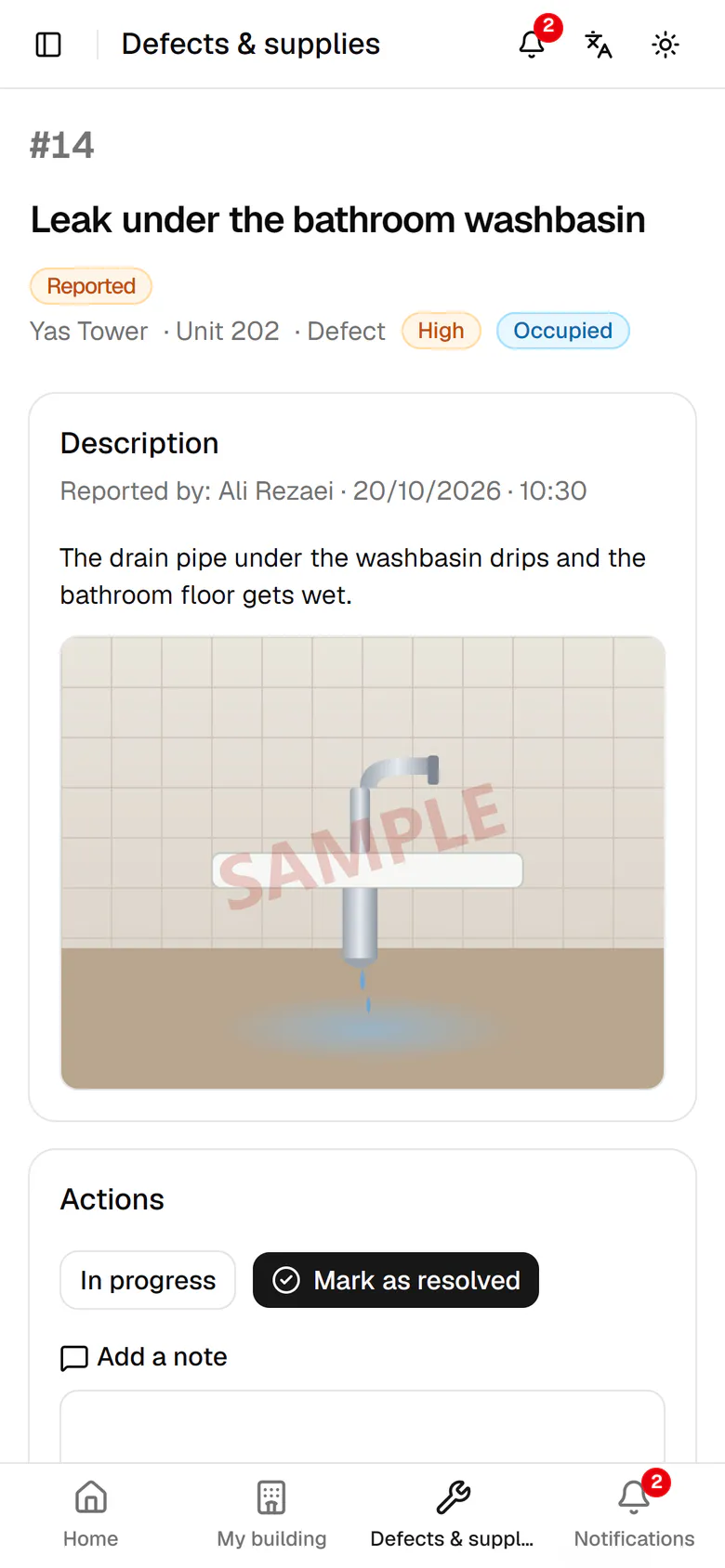 The case is created with its number, photo and urgency, ready for follow-up.