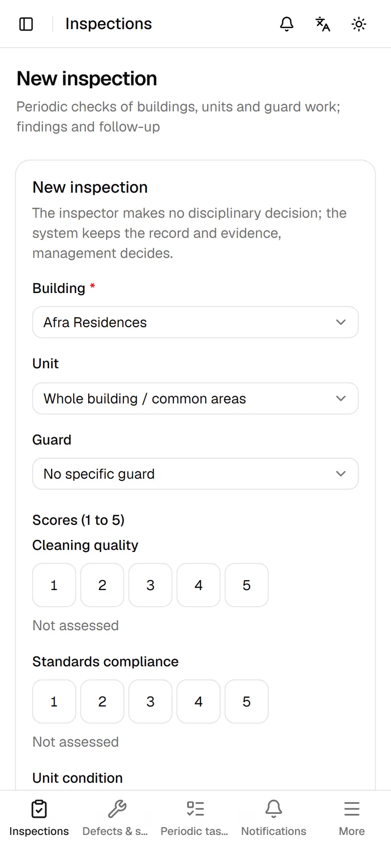 Pick the unit you are inspecting, or keep the whole building and common areas.