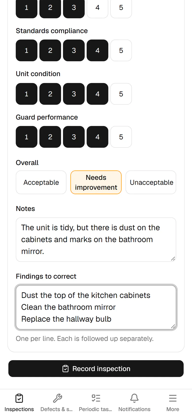 Tap Record inspection to save it with the date, time and your name.