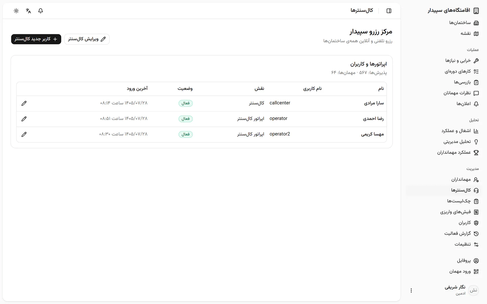 اپراتورها و مدیر کال‌سنتر با نقش و آخرین ورودشان اینجا هستند؛ سپس «کاربران» را باز کنید.