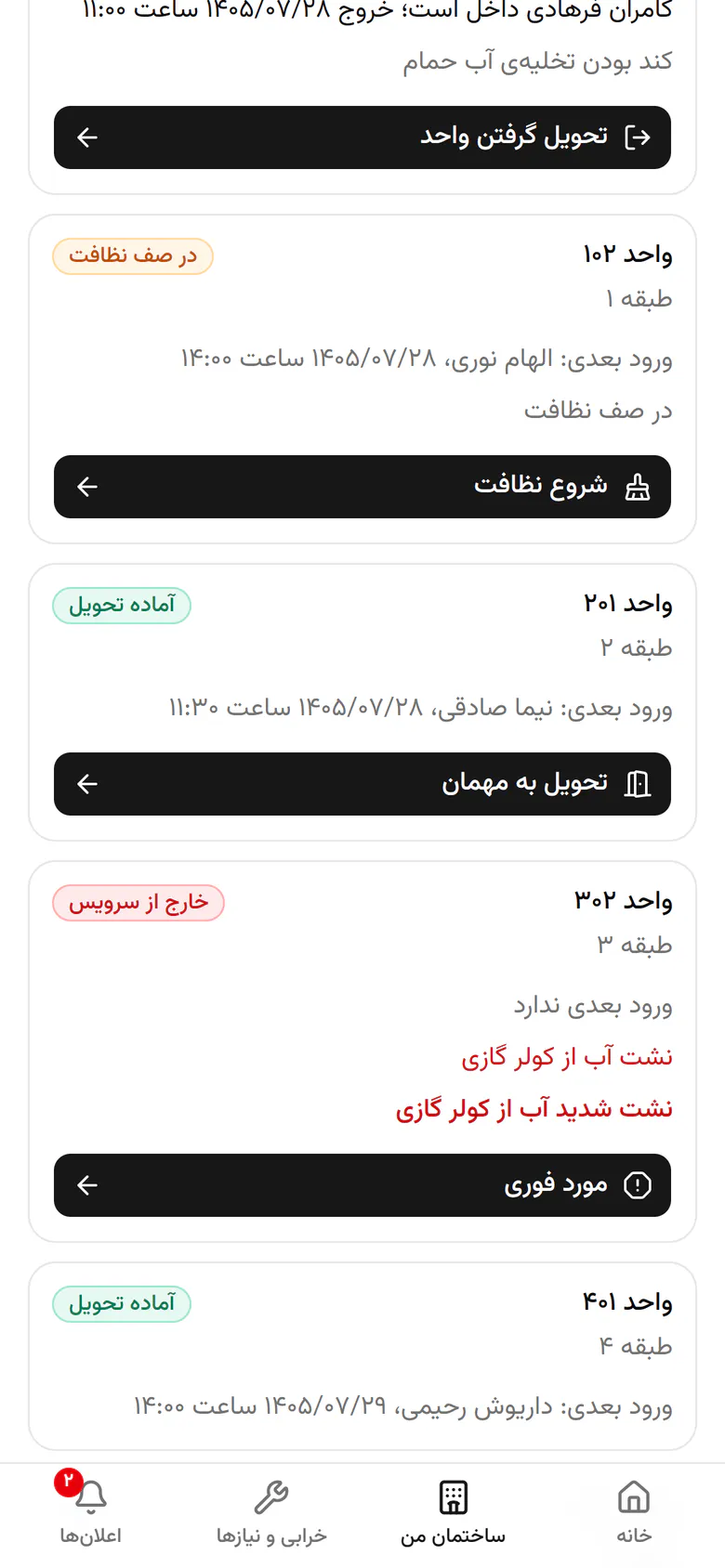 دکمهی پایین هر کارت قدم بعدی است. تحویل به مهمان را بزنید.